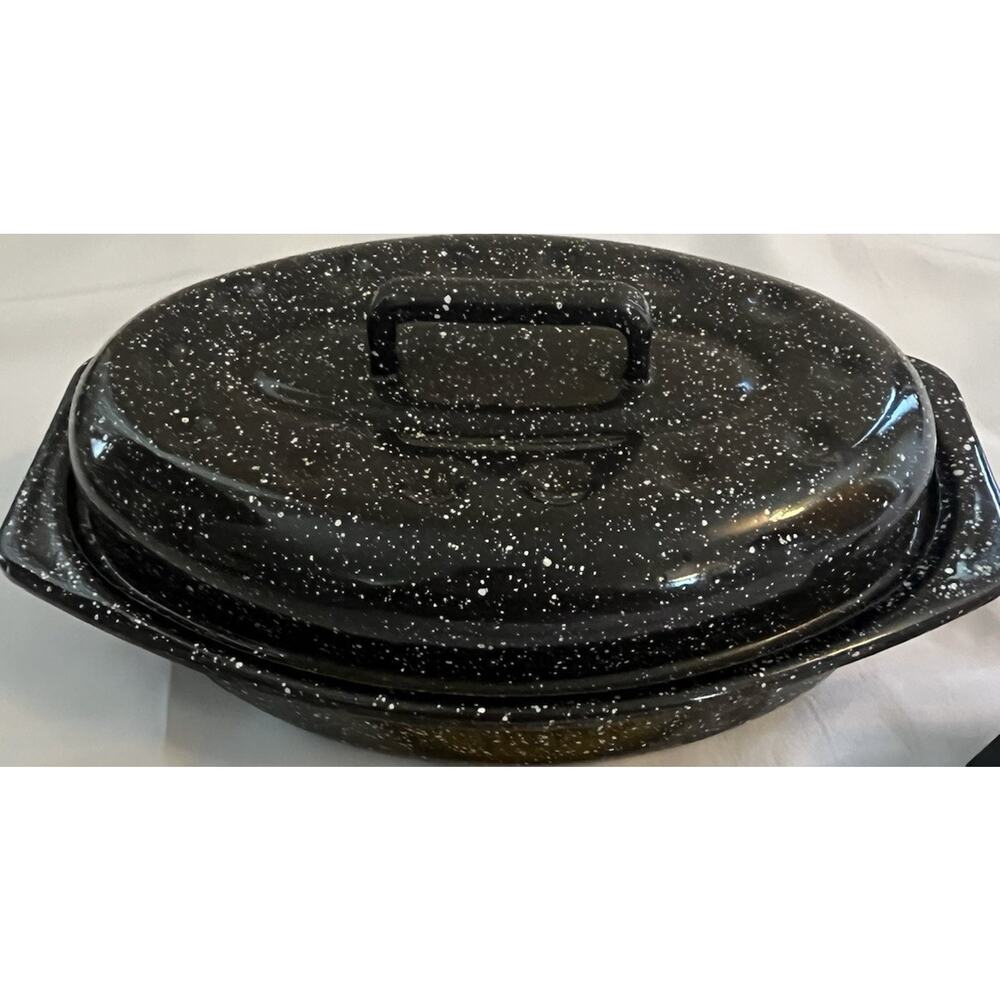Vintage Speckled Enamel Oval Roasting Tray w/ Lid